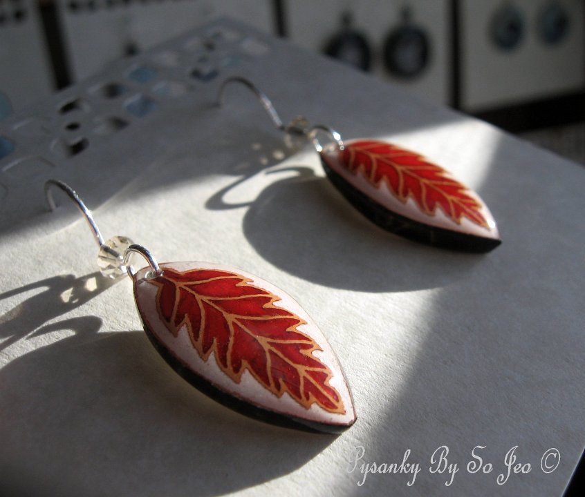 Little Red & White Leaf Earrings Pysanky By So Jeo